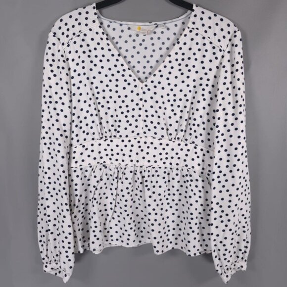 Boden Elsie Polka Dot Peplum Blouse Top White‎ Navy V-Neck Long Sleeve Size 8P - Picture 3 of 12